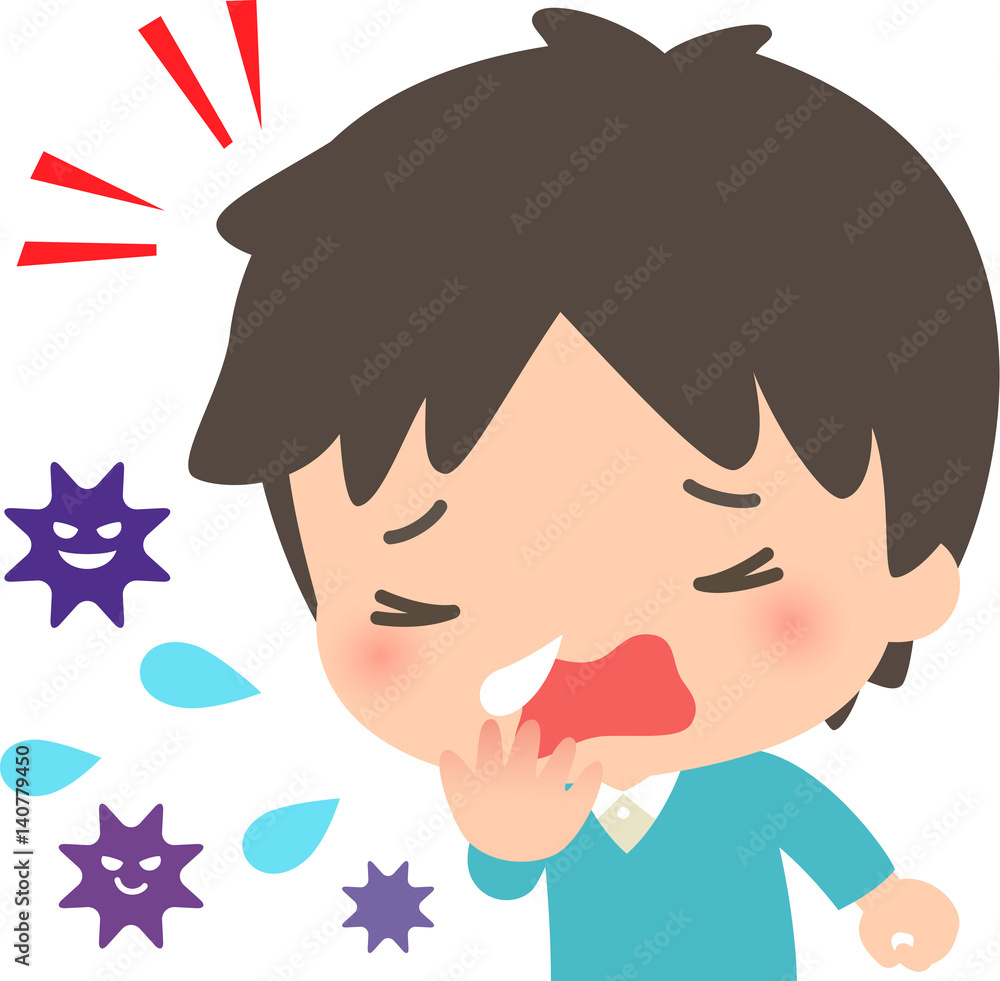 Obraz premium クシャミする男性と飛び散るウイルス