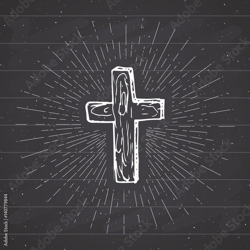Vintage label, Hand drawn Christian cross, religious sign, crucifix symbol grunge textured retro badge, typography design t-shirt print, vector illustration on chalkboard background.