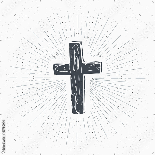 Vintage label, Hand drawn Christian cross, religious sign, crucifix symbol grunge textured retro badge, typography design t-shirt print, vector illustration.