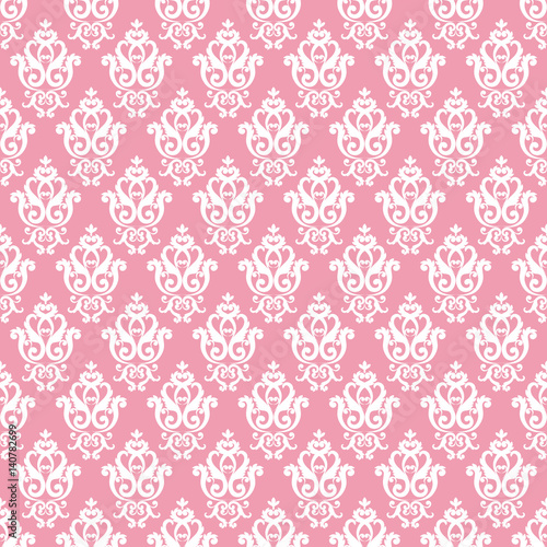 Seamless damask pattern. Pink texture in vintage rich royal style