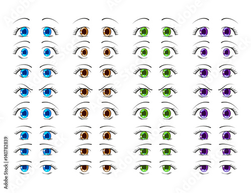 Cute anime eyes in manga style showing various human emotions. Vector illustration.