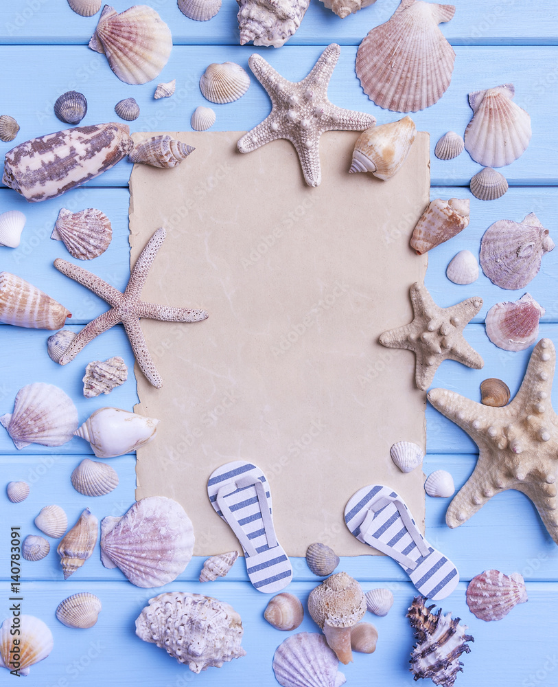 Old paper on blue boards. Marine theme. Old paper on blue boards. Marine theme.