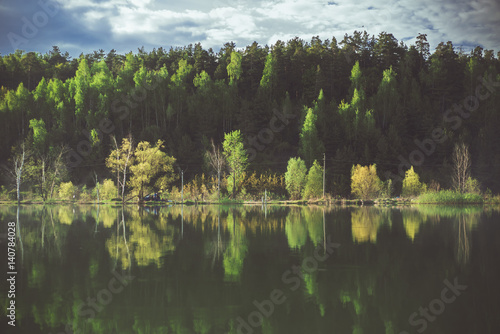 Отражение леса озеро в воде зеркальное