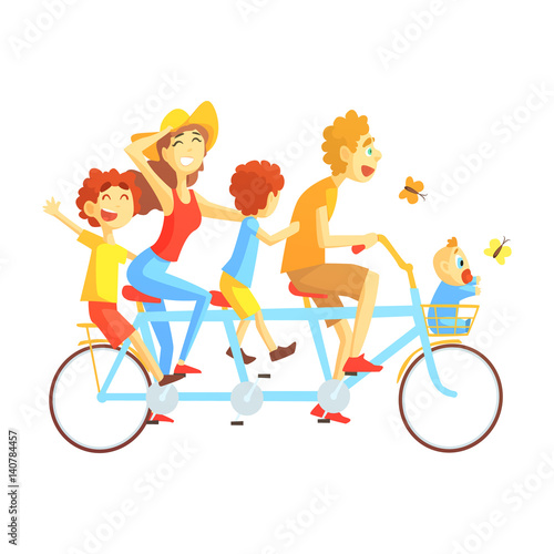 Parents And Kids On Triple Seat Bicycle Riding Outdoors In Summer, Happy Loving Families With Kids Spending Weekend Together Vector Illustration