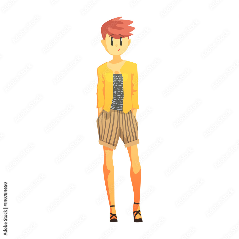 Girl In Stripy Shorts And Yellow Jacket With Short Red Hair, Young Person Street Fashion Look With Mass Market Clothes