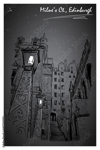 Milne's court passageway at night. Edinburgh, Scotland, the UK. Urban sketch series. Ink or engraving style sketch isolated on textured night sky background. Editable EPS10 vector illustration.