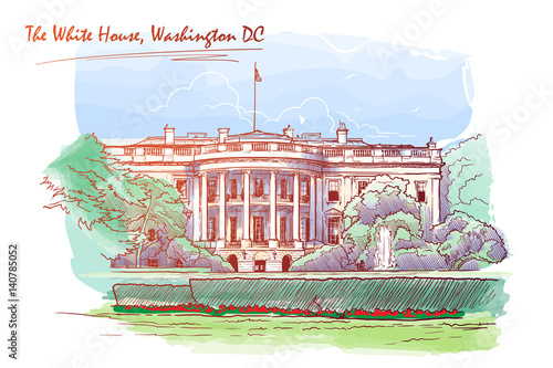 Front view of the White House and the lawn. Cityscape, urban hand drawing. Painted Sketch. Watercolor feel. Editable EPS10 vector illustration.