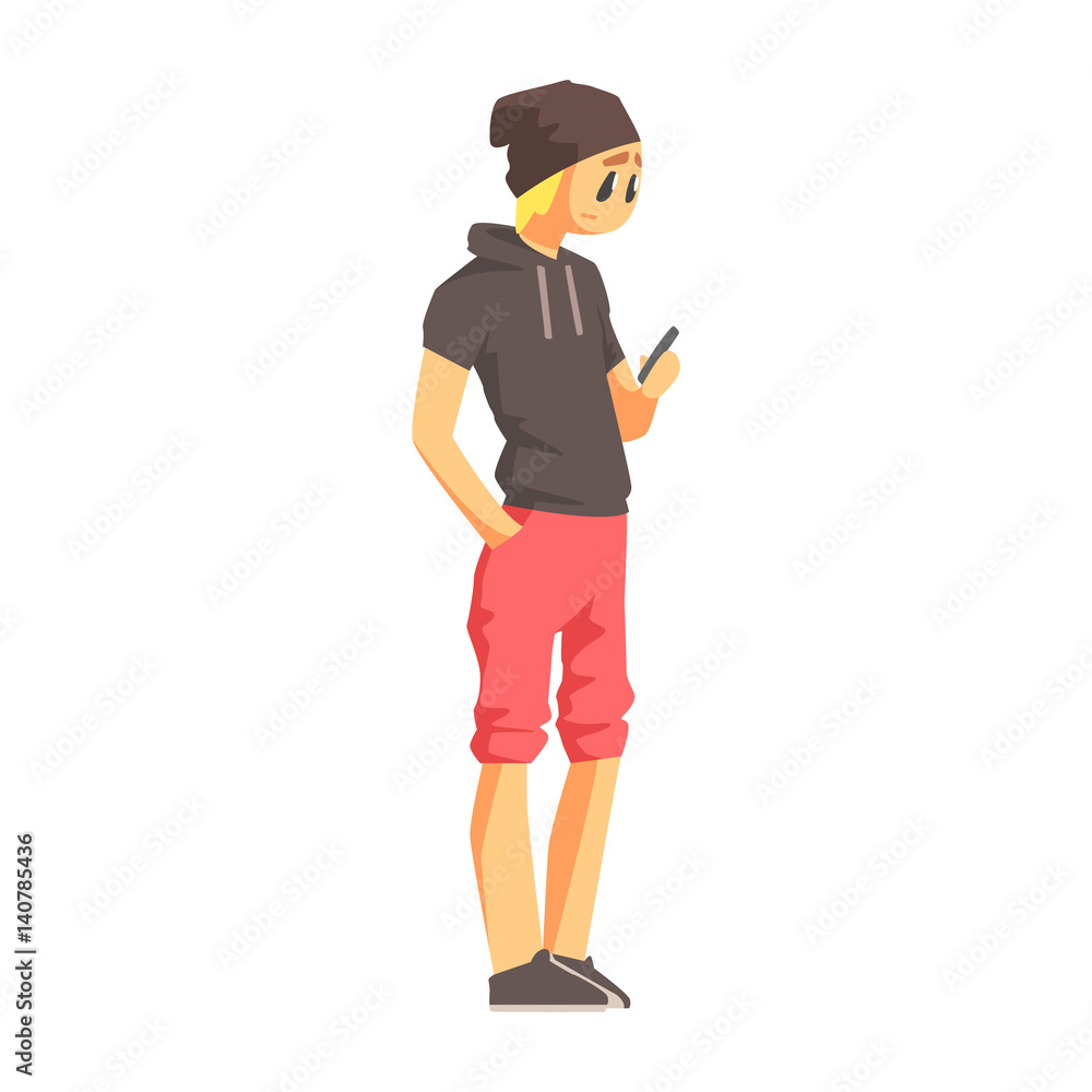 Guy With Smartphone In Short-Sleeve Hoodie, Young Person Street Fashion Look With Mass Market Clothes Guy With Smartphone In Short-Sleeve Hoodie, Young Person Street Fashion Look With Mass Market Clothes