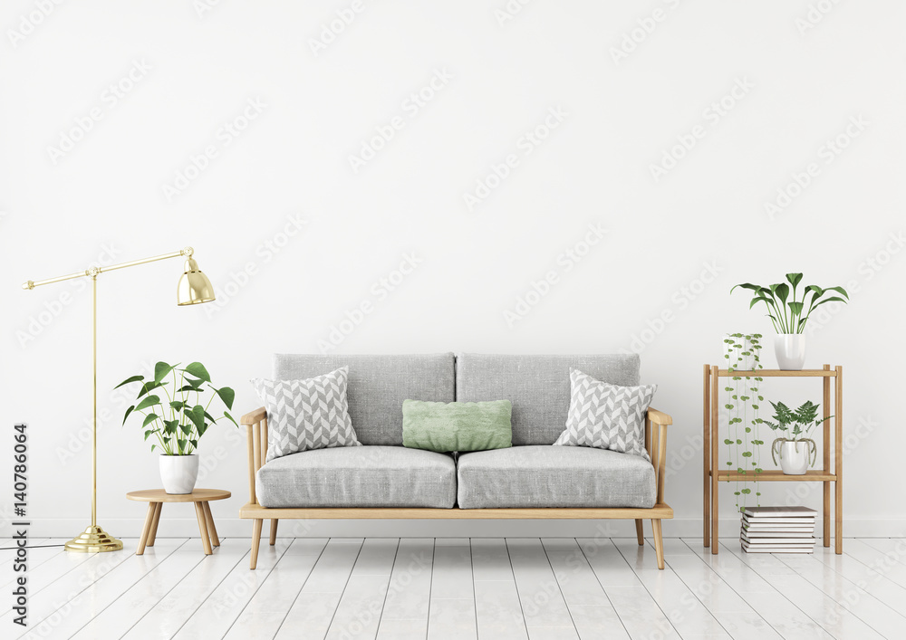Scandinavian style livingroom with fabric sofa, pillows, golden lamp and  green plants on white wall background. 3d rendering. Stock Illustration |  Adobe Stock