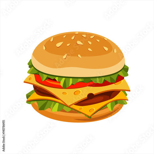 Double Cheeseburger Sandwich, Street Fast Food Cafe Menu Item Colorful Vector Icon