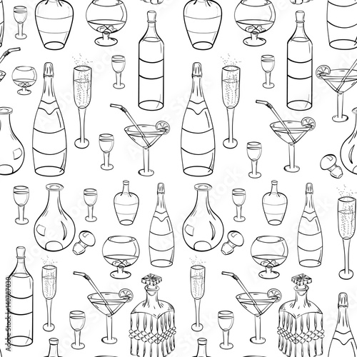 Hand-Drawn Black Glasses, Bottles and Glass Decanters. Seamless Background. Sketch Drawing Glasses isolated on White. Vector Illustration.