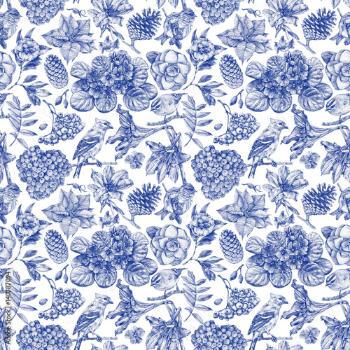 Seamless pattern with different flowers, birds and plants drawn by hand with black ink. .Graphic drawing, pointillism technique. Can be used for pattern fills, wallpapers, web .page, surface textures