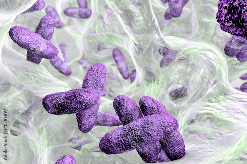 Biofilm containing bacteria Klebsiella, 3D illustration. Gram-negative rod-shaped bacteria which are often nosocomial antibiotic resistant photo