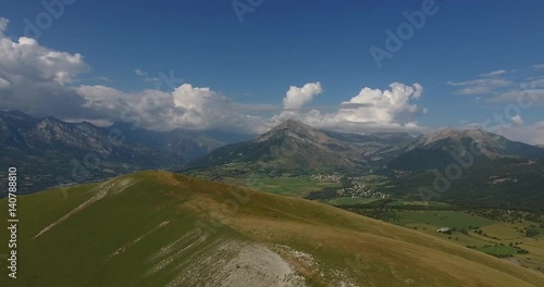 Aerial scenic view top of mountain valley freedom alps 