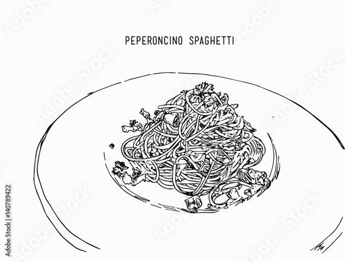 peperoncino spaghetti Hand drawn sketch water color vector.