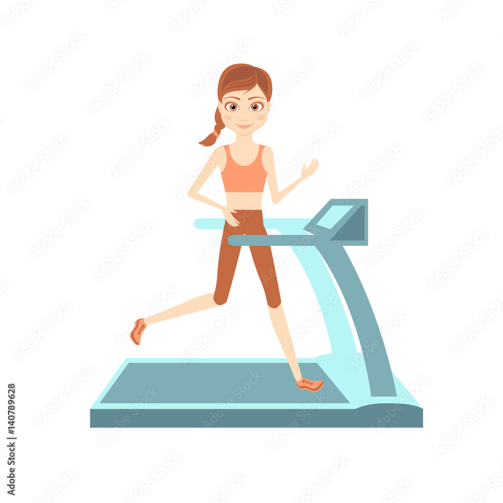 Sportswoman character. Cartoon vector flat illustration. Girl leads a healthy sport lifestyle. A cheerful, merry, full-strength runner on the treadmill