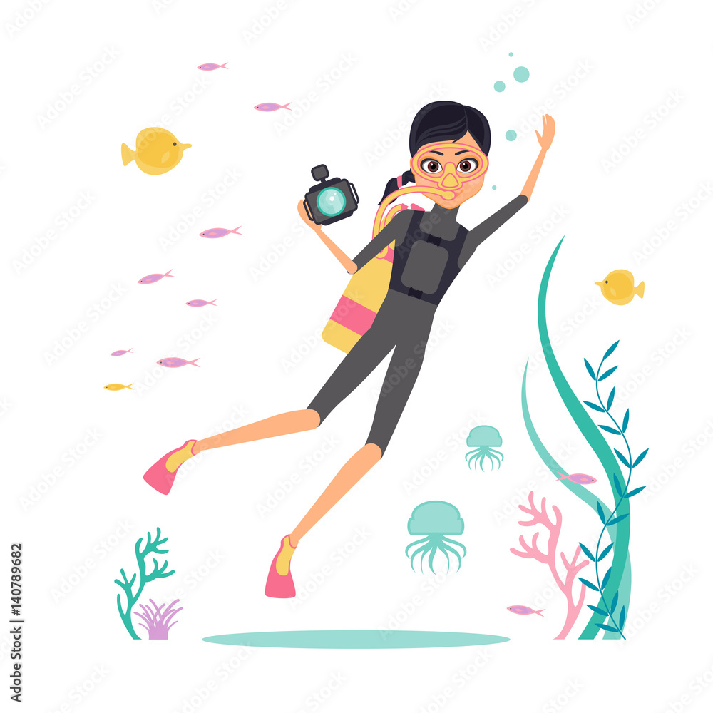 Flat design. Vector character deep-sea diver with a camera for filming underwater flora and fauna. Diver in fins, mask and scuba diving. Around the jellyfish, algae and tropical fish.