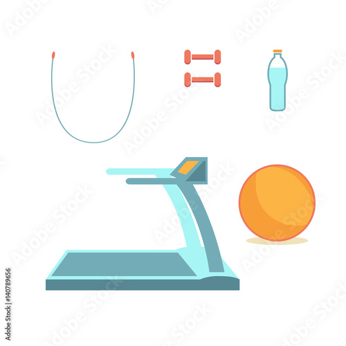 Symbols flat design icons set. Vector infographics sports equipment elements. For a healthy lifestyle. Dumbbells, a rope, a ball, a running track and a bottle of water to quench your thirst.