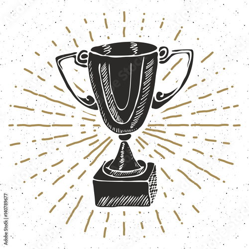 Vintage label, Hand drawn Sport trophy, winners prize, grunge textured retro badge, typography design t-shirt print, vector illustration