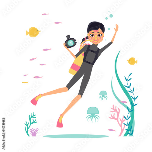Flat design. Vector character deep-sea diver with a camera for filming underwater flora and fauna. Diver in fins, mask and scuba diving. Around the jellyfish, algae and tropical fish.