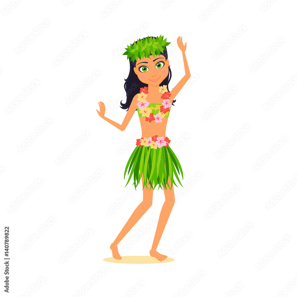 Girl character. Cartoon vector flat infographic illustration travel. Woman in Hawaii, garland of flowers, national skirt and wreath of leaves. Isolated on white background. Girl character. Cartoon vector flat infographic illustration travel. Woman in Hawaii, garland of flowers, national skirt and wreath of leaves. Isolated on white background.