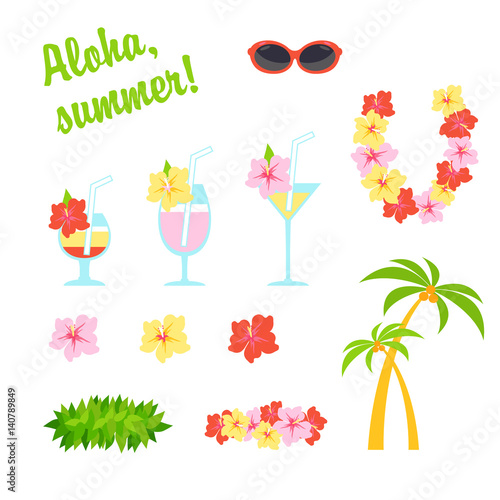 Vector flat set. Cartoon illustration travel. Holidays in Hawaii, national garland of flowers and wreath of leaves. Tropical cocktails decorated with flowers. Sunglasses and a palm tree with coconuts.