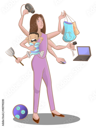 Multi-tasking Modern Mom vector illustrations for international woman days