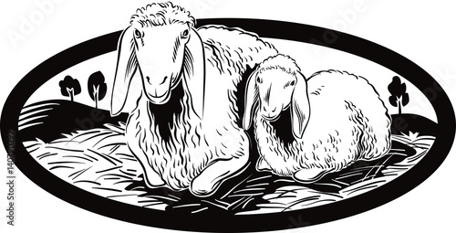oval frame, with ewe and her lamb.
