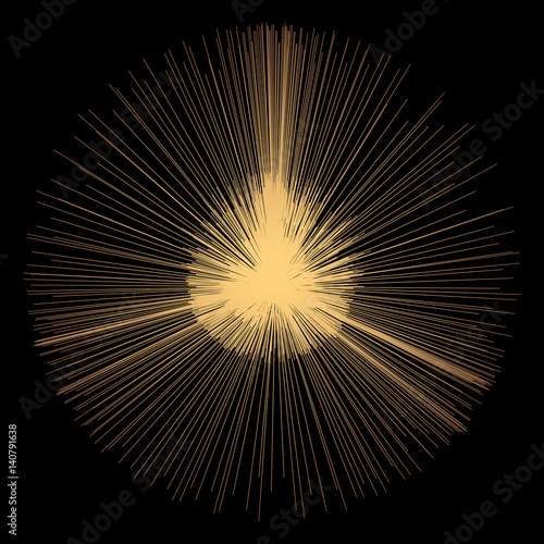 Abstract golden element from the divergent thin rays. Explosion or flush for the design of posters  flyers. Radial shape with lines running from the center.