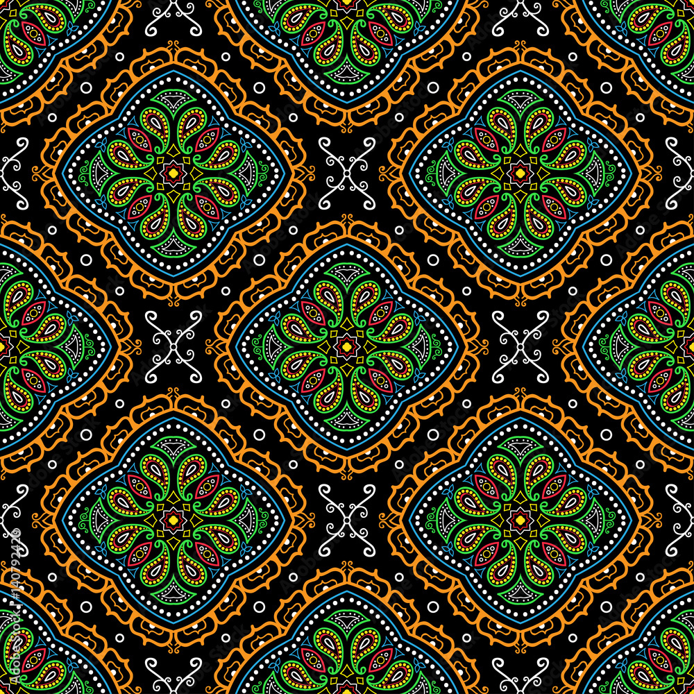 Vector bright seamless Indian pattern, paisley mandala on black