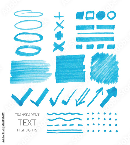 Vector set of transparent highlighter marks, blue color isolated on white
