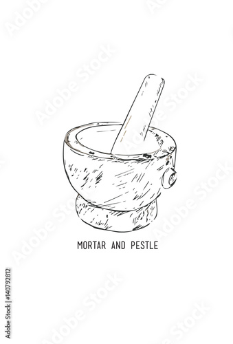Mortar and pestle Line art ,Hand drawn illustration