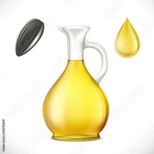 Glass jug with sunflower oil. Isolated on white background.