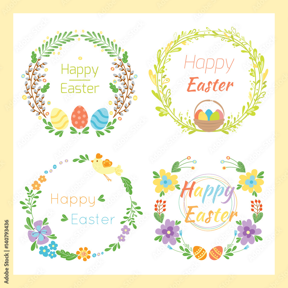 Happy easter hand drawn badge with hand lettering greeting decoration element and natural wreath handmade style vintage symbol spring flower vector illustration.