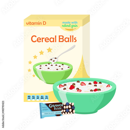 Breakfast set - milk, cereal, granola, berries. Healthy food in flat style.