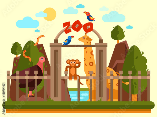 Colourful view of the zoo entrance with animals and beautiful landscape. Flat vector banner, simple design. Park exterior good for poster, booklet, wallpaper creation or children illustration.