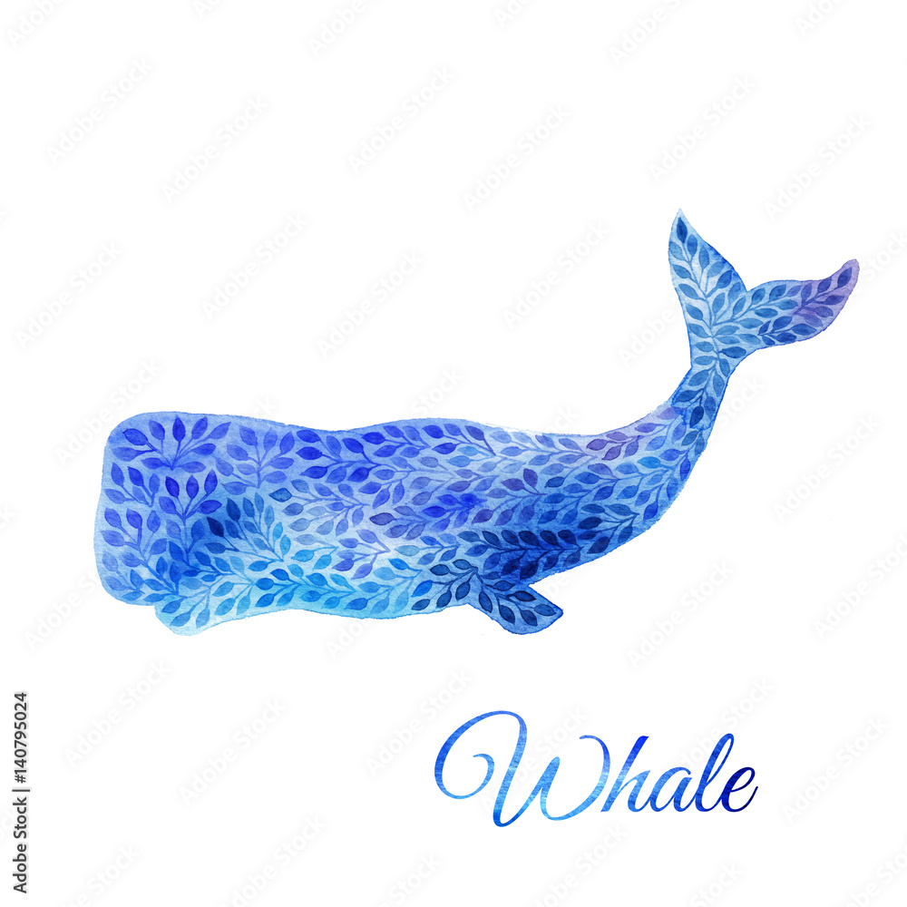 Naklejka premium Blue Watercolor whale illustration