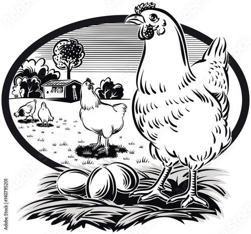 oval frame with hen on nest with eggs.