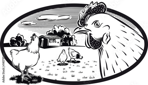 oval frame with chickens that roam free in a meadow.