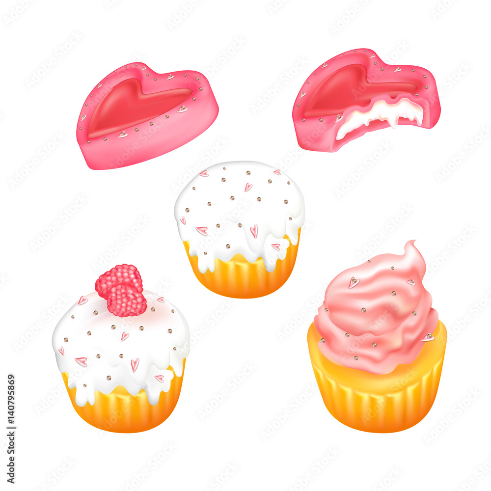 Vector set bitten chocolates and cakes. Isolated objects on a white background. Candy in pink frosting with hearts and pearl of balls. Cream cakes, berries and shiny decoration. Vector set bitten chocolates and cakes. Isolated objects on a white background. Candy in pink frosting with hearts and pearl of balls. Cream cakes, berries and shiny decoration.