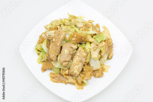 Noodles fried with pork and vegetable.