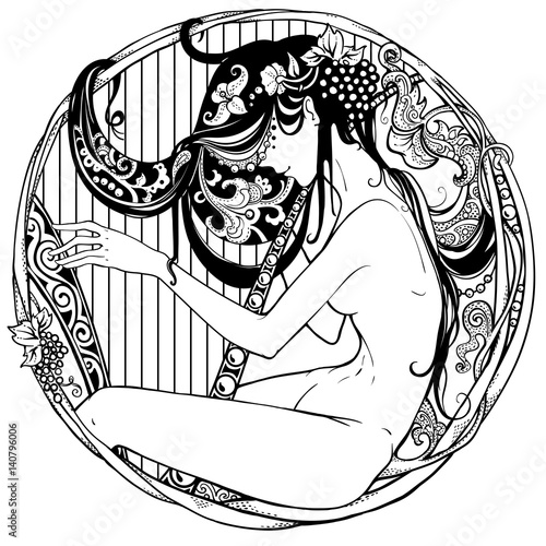 Detailed art-deco decorative vignette as modern satyr female harp player