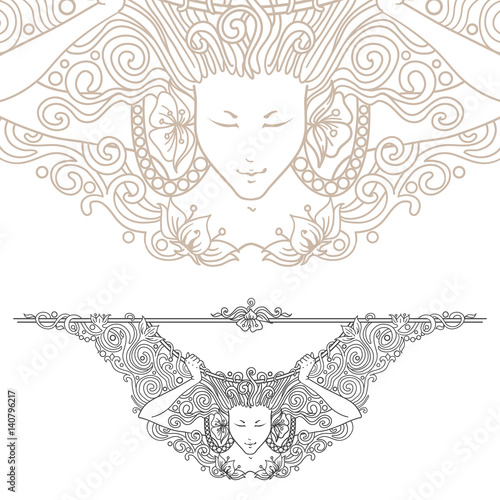Detailed art-nouveau decorative divider as vintage engraved angel woman, with close up fragment
