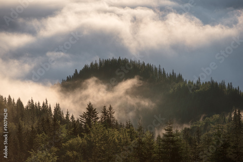 Mountain hills covered with morning fog in summer