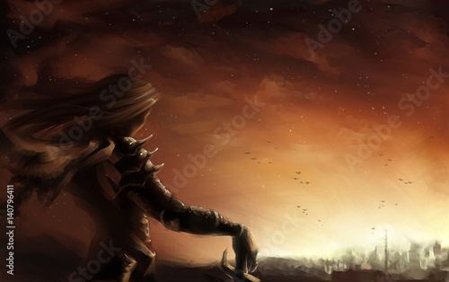 digital illustration of fantasy theme of a female warrior looking out to sunset