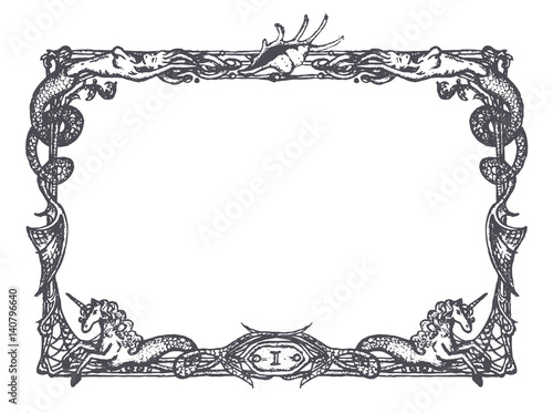 Vintage frame with mermaids and sea horses