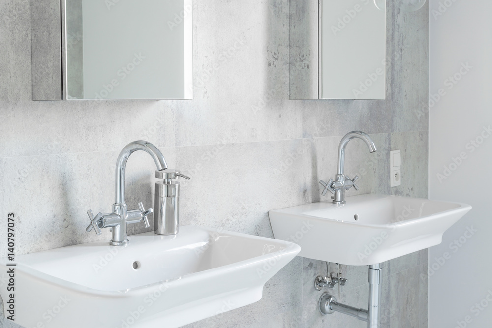 Minimalist modernist bathroom with sinks Minimalist modernist bathroom with sinks