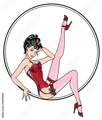 Vector Christmas pin-up classic sexy girl in red corset with holly tree berries and leaves in hair and body, sitting in a circle