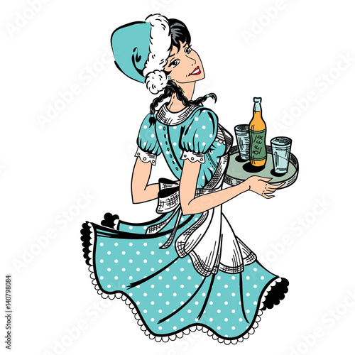 Vector illustration of waitress in blue dotted dress in retro style with beer order and blue Christmas hat