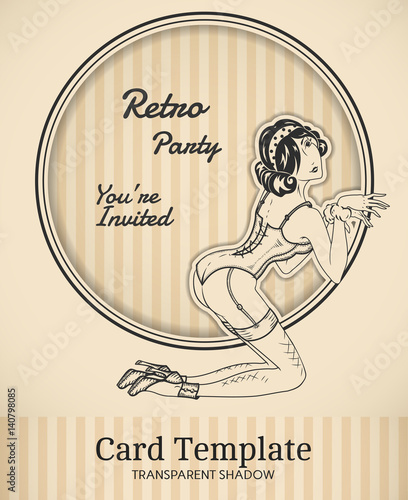 Vector retro pin-up woman illustration with realistic paper cut out effect parts and transparent shadows, template for vintage invitation, poster or card